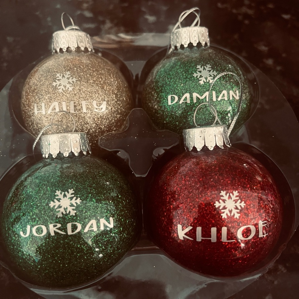 Glitter filled ornaments with name 🎄